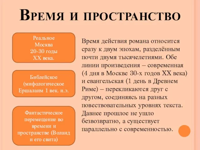 Время и пространство Время действия романа относится сразу к двум эпохам,