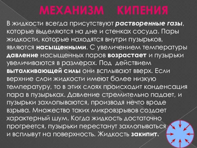 МЕХАНИЗМ КИПЕНИЯ В жидкости всегда присутствуют растворенные газы, которые выделяются на