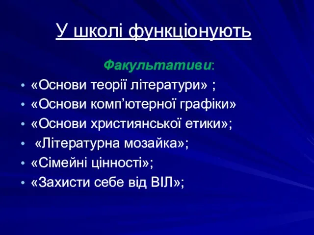 У школі функціонують Факультативи: «Основи теорії літератури» ; «Основи комп’ютерної графіки»