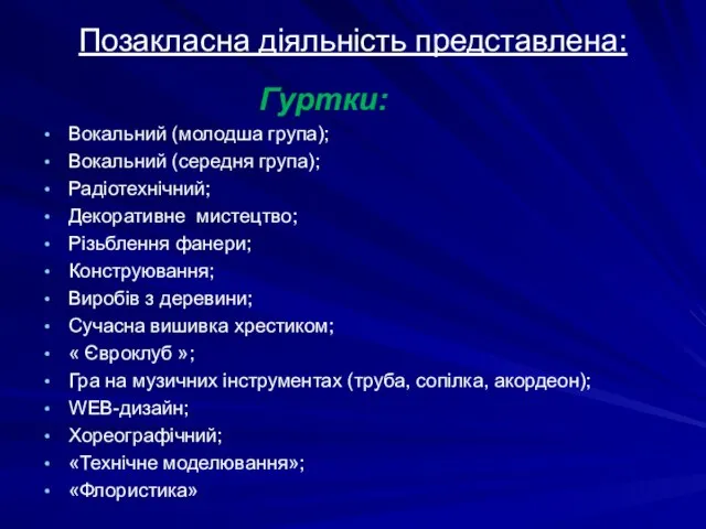 Позакласна діяльність представлена: Гуртки: Вокальний (молодша група); Вокальний (середня група); Радіотехнічний;