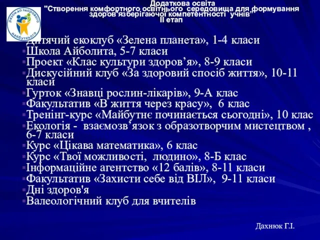 Додаткова освіта "Створення комфортного освітнього середовища для формування здоров'язберігаючої компетентності учнів”