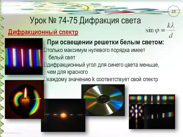 Урок № 74-75 Дифракция света Дифракционный спектр При освещении решетки белым
