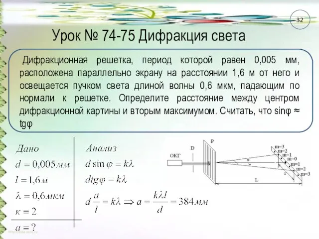 Урок № 74-75 Дифракция света Дифракционная решетка, период которой равен 0,005