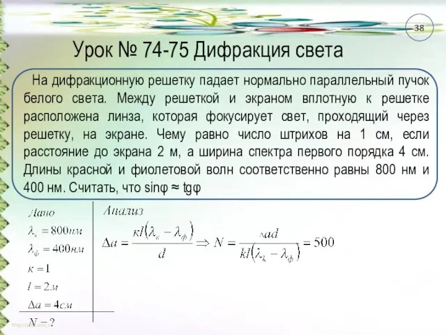 Урок № 74-75 Дифракция света На дифракционную решетку падает нормально параллельный