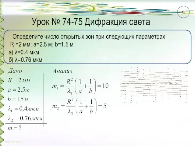 Урок № 74-75 Дифракция света Определите число открытых зон при следующих