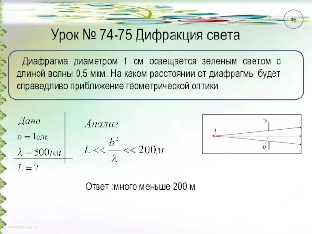 Урок № 74-75 Дифракция света Диафрагма диаметром 1 см освещается зеленым