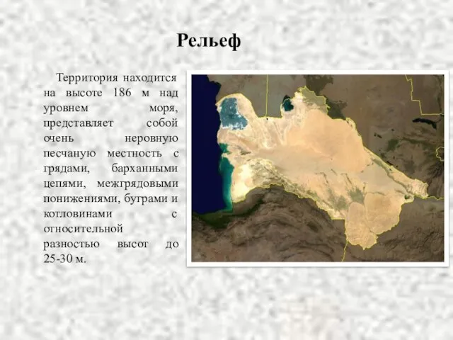 Рельеф Территория находится на высоте 186 м над уровнем моря, представляет