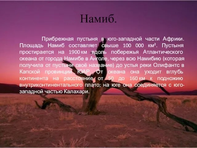 Намиб. Прибрежная пустыня в юго-западной части Африки. Площадь Намиб составляет свыше