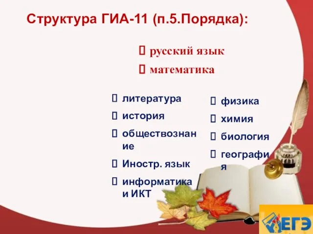 Структура ГИА-11 (п.5.Порядка): русский язык математика литература история обществознание Иностр. язык