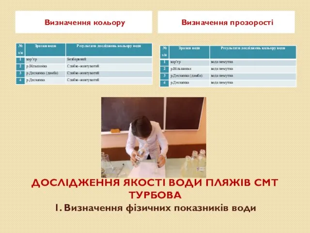 ДОСЛІДЖЕННЯ ЯКОСТІ ВОДИ ПЛЯЖІВ СМТ ТУРБОВА 1. Визначення фізичних показників води Визначення кольору Визначення прозорості