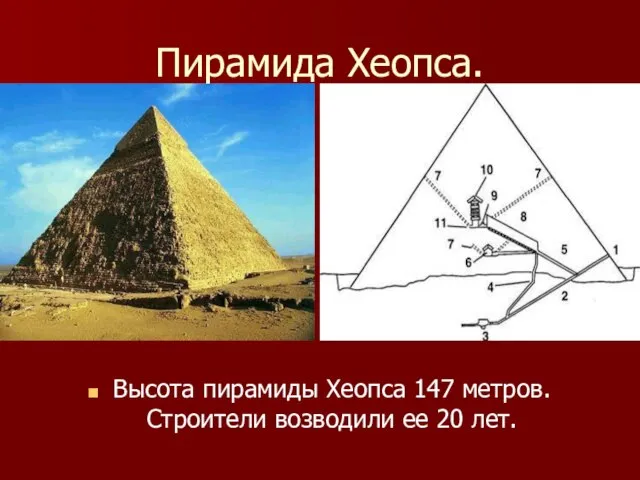 Пирамида Хеопса. Высота пирамиды Хеопса 147 метров. Строители возводили ее 20 лет.