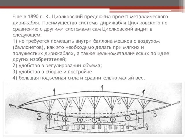 Еще в 1890 г. К. Циолковский предложил проект металлического дирижабля. Преимущество