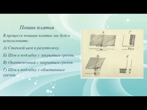 Пошив платья В процессе пошива платья мы будем использовать: А) Стачной