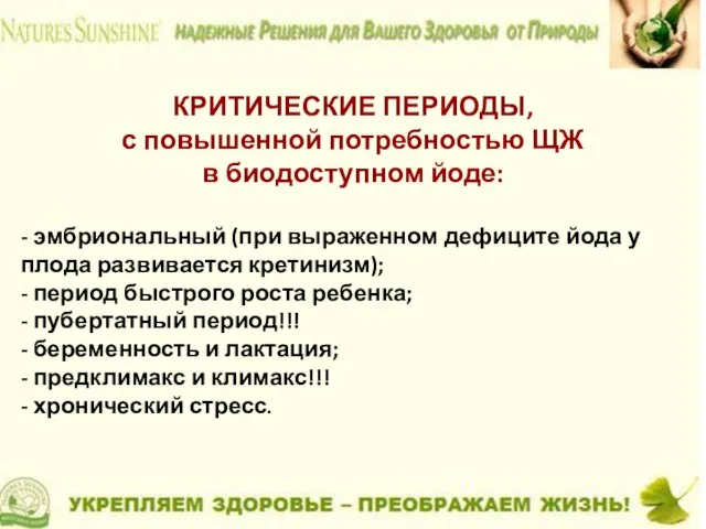 КРИТИЧЕСКИЕ ПЕРИОДЫ, с повышенной потребностью ЩЖ в биодоступном йоде: - эмбриональный