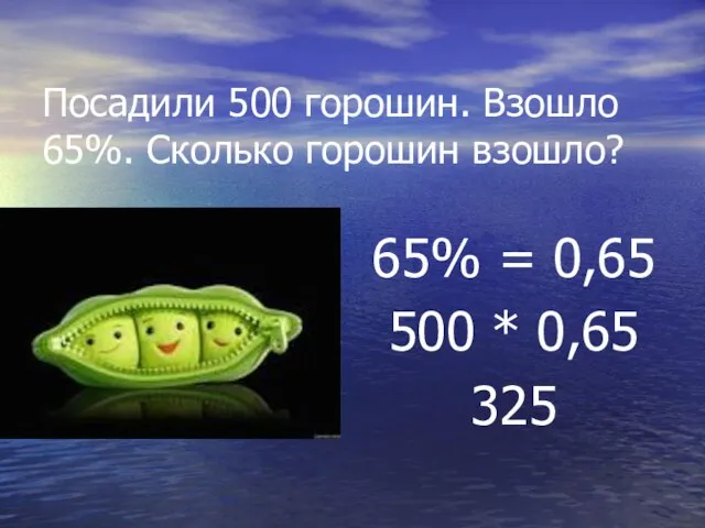 Посадили 500 горошин. Взошло 65%. Сколько горошин взошло? 65% = 0,65 500 * 0,65 325