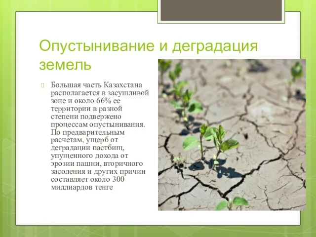 Опустынивание и деградация земель Большая часть Казахстана располагается в засушливой зоне