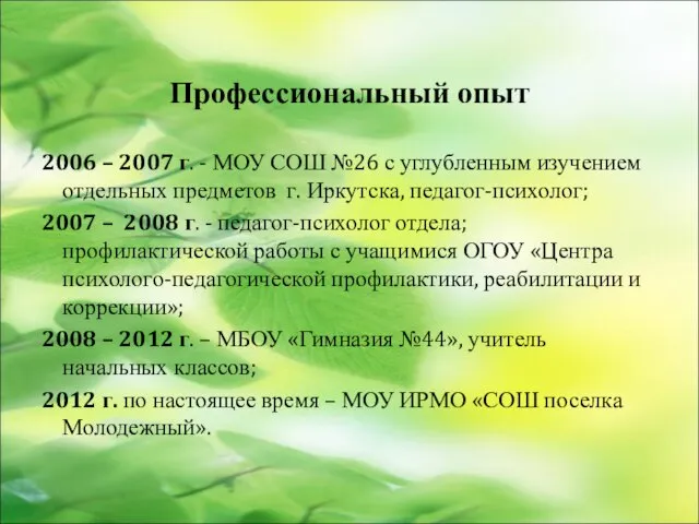 Профессиональный опыт 2006 – 2007 г. - МОУ СОШ №26 с