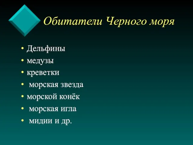 Обитатели Черного моря Дельфины медузы креветки морская звезда морской конёк морская игла мидии и др.