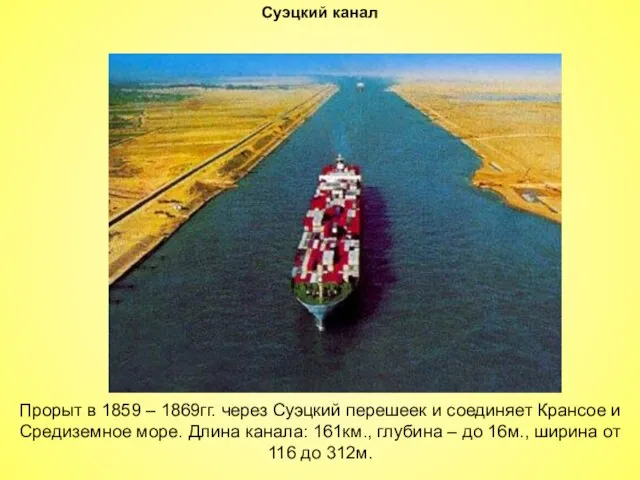 Суэцкий канал Прорыт в 1859 – 1869гг. через Суэцкий перешеек и
