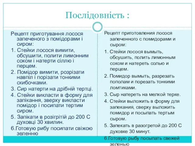 Послідовність : Рецепт приготування лосося запеченого з помідорами і сиром: 1.