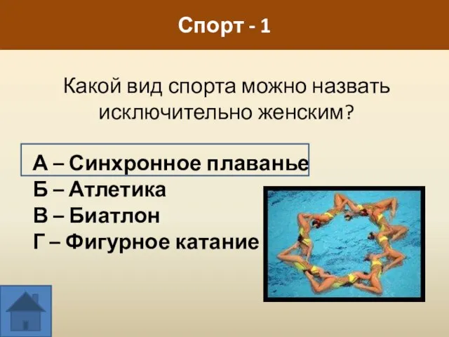 Какой вид спорта можно назвать исключительно женским? А – Синхронное плаванье