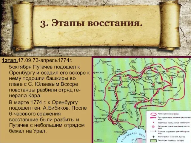 1этап.17.09.73-апрель1774г. 5октября Пугачев подошел к Оренбургу и осадил его вскоре к