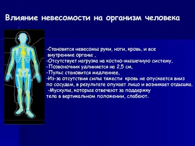 Влияние невесомости на организм человека -Становятся невесомы руки, ноги, кровь, и