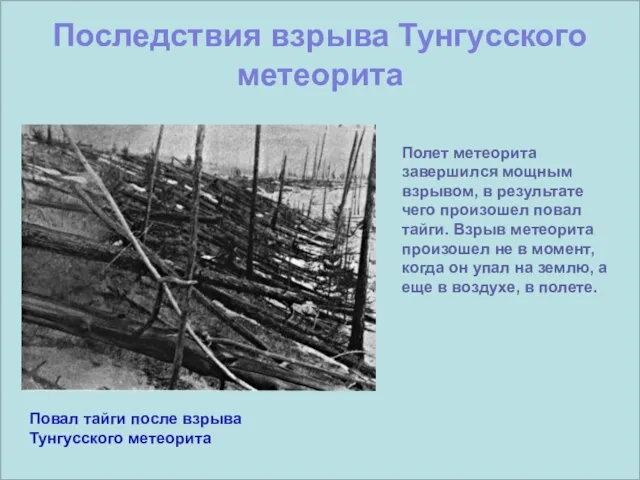 Повал тайги после взрыва Тунгусского метеорита Последствия взрыва Тунгусского метеорита Полет