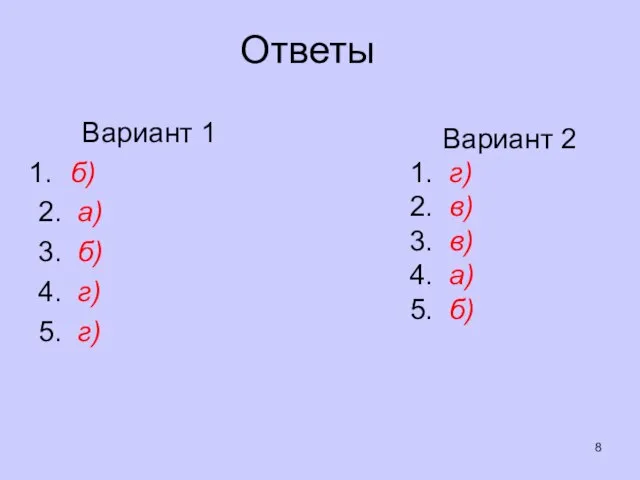 Ответы Вариант 1 б) 2. а) 3. б) 4. г) 5.