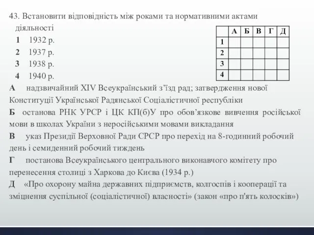 43. Встановити відповідність між роками та нормативними актами діяльності 1 1932