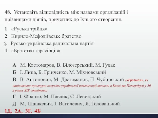 48. Установіть відповідність між назвами організацій і прізвищами діячів, причетних до