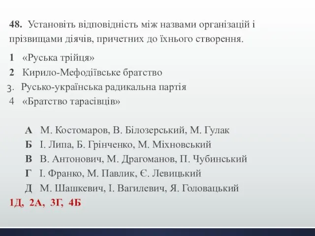 48. Установіть відповідність між назвами організацій і прізвищами діячів, причетних до