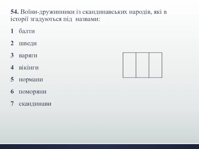 54. Воїни-дружинники із скандинавських народів, які в історії згадуються під назвами: