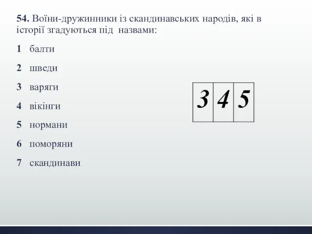 54. Воїни-дружинники із скандинавських народів, які в історії згадуються під назвами: