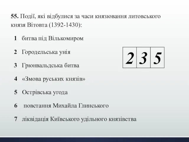 55. Події, які відбулися за часи князювання литовського князя Вітовта (1392-1430):