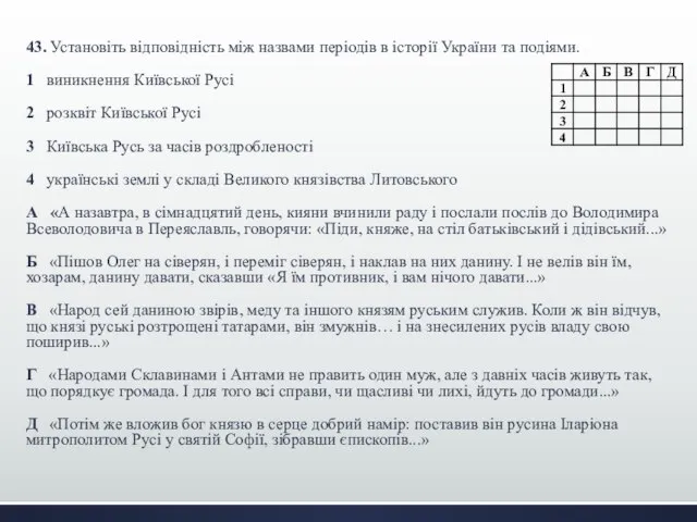 43. Установіть відповідність між назвами періодів в історії України та подіями.