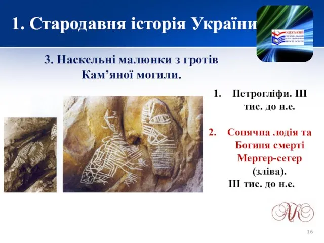 1. Стародавня історія України 3. Наскельні малюнки з гротів Кам’яної могили.