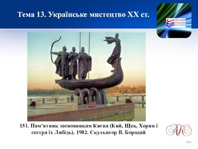 Тема 13. Українське мистецтво ХХ ст. 151. Пам’ятник засновникам Києва (Кий,