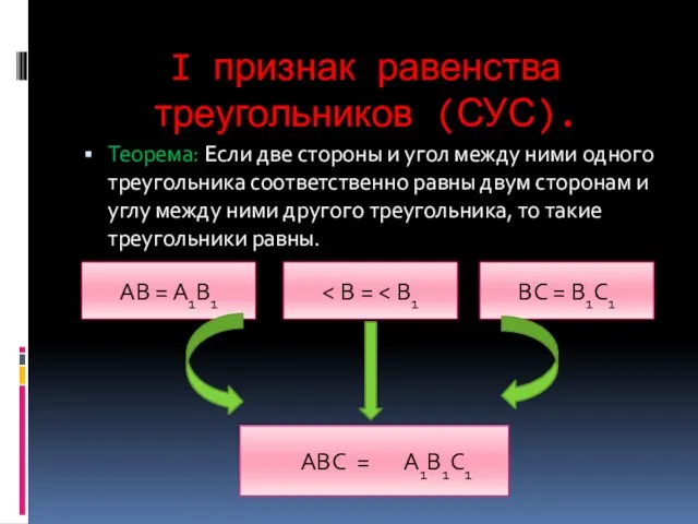 I признак равенства треугольников (СУС). Теорема: Если две стороны и угол