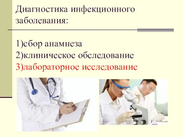Диагностика инфекционного заболевания: 1)сбор анамнеза 2)клиническое обследование 3)лабораторное исследование