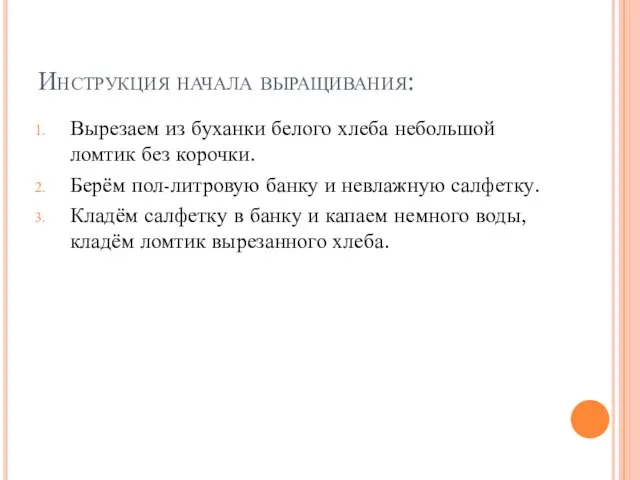 Инструкция начала выращивания: Вырезаем из буханки белого хлеба небольшой ломтик без