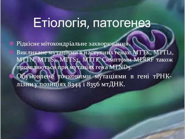 Етіологія, патогенез Рідкісне мітохондріальне захворювання. Викликане мутаціями в наступних генах: MTTK,