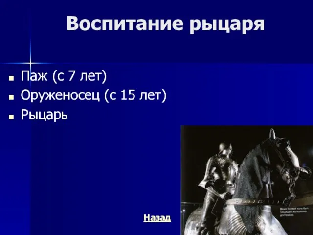 Воспитание рыцаря Паж (с 7 лет) Оруженосец (с 15 лет) Рыцарь Назад