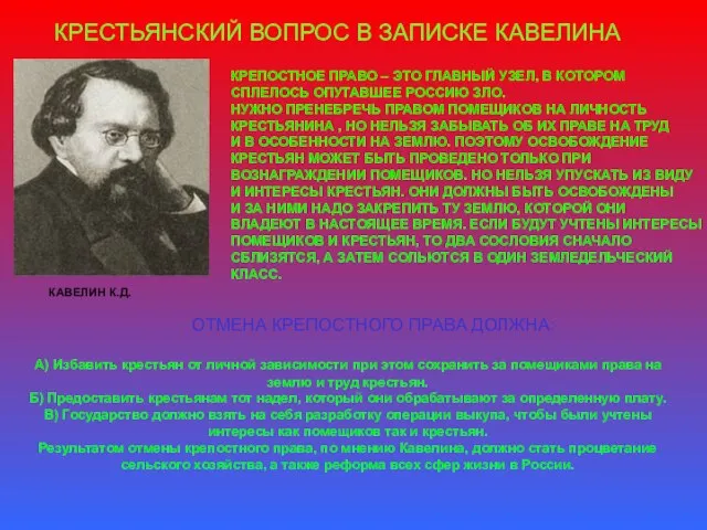 КРЕСТЬЯНСКИЙ ВОПРОС В ЗАПИСКЕ КАВЕЛИНА А) Избавить крестьян от личной зависимости