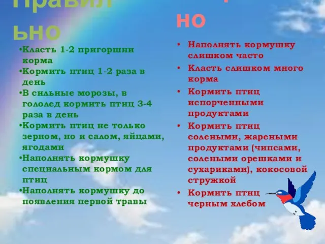 Правильно Неправильно Наполнять кормушку слишком часто Класть слишком много корма Кормить