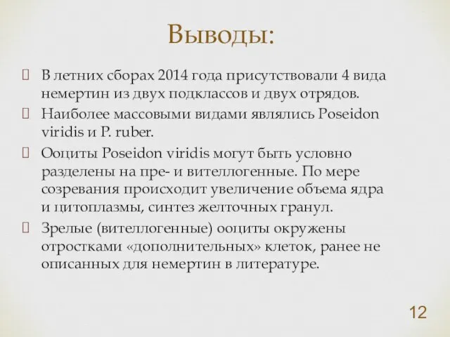 В летних сборах 2014 года присутствовали 4 вида немертин из двух