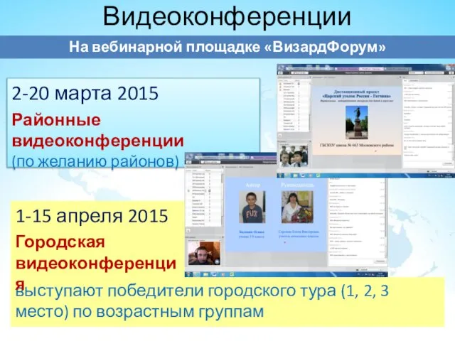 Видеоконференции На вебинарной площадке «ВизардФорум» 2-20 марта 2015 Районные видеоконференции (по