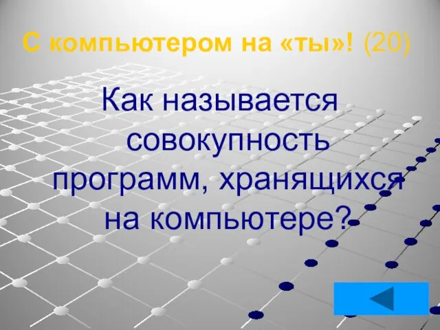 С компьютером на «ты»! (20) Как называется совокупность программ, хранящихся на компьютере?