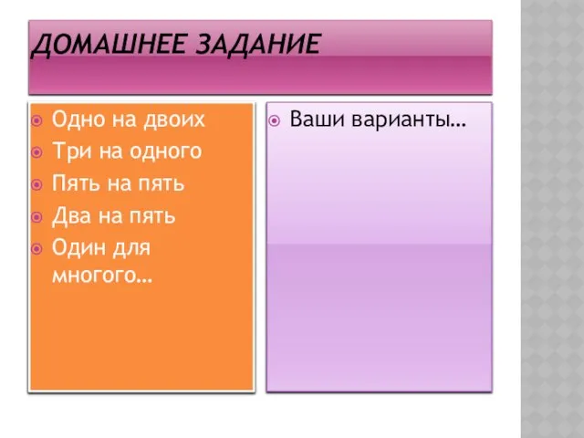 Домашнее задание Одно на двоих Три на одного Пять на пять