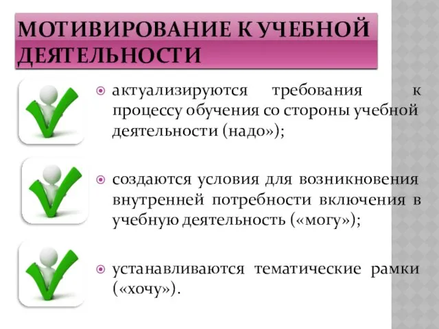 Мотивирование к учебной деятельности актуализируются требования к процессу обучения со стороны